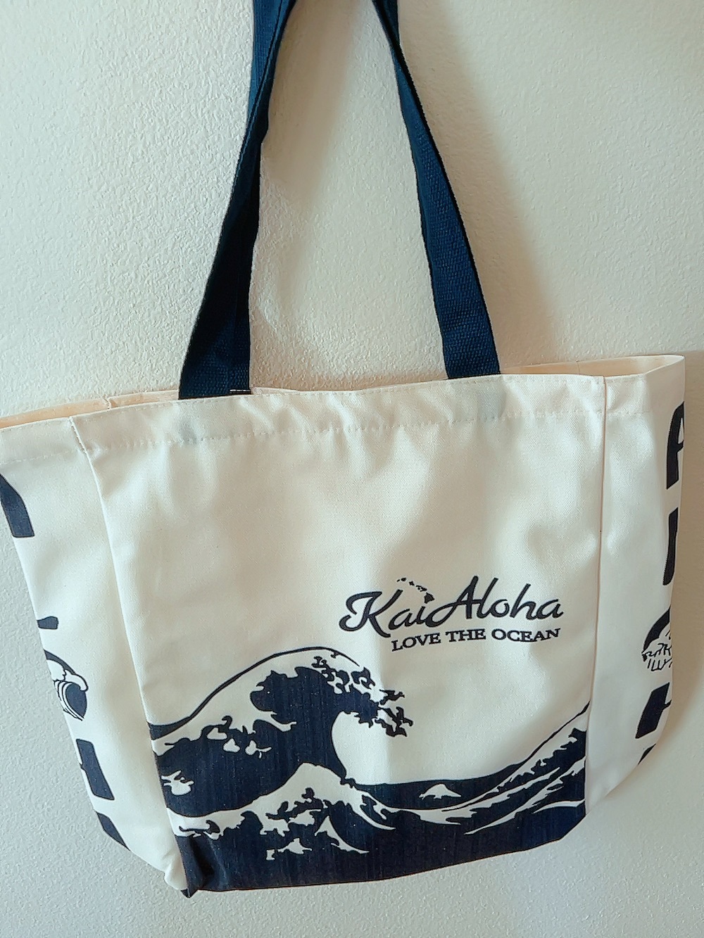 Cream Tote with Navy Wave Print